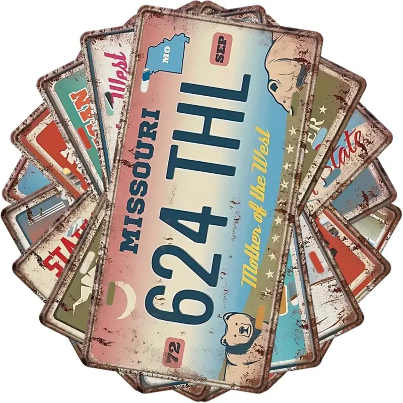 Vintage License Plate Tin Sign, 8 Counts/set Metal Poster Sign Plaque, Indoor & Outdoor Decoration for Home Decor, Room Decor, Garage Decor, Vintage Garage Signs, Yard Sign, Decorative Plaque