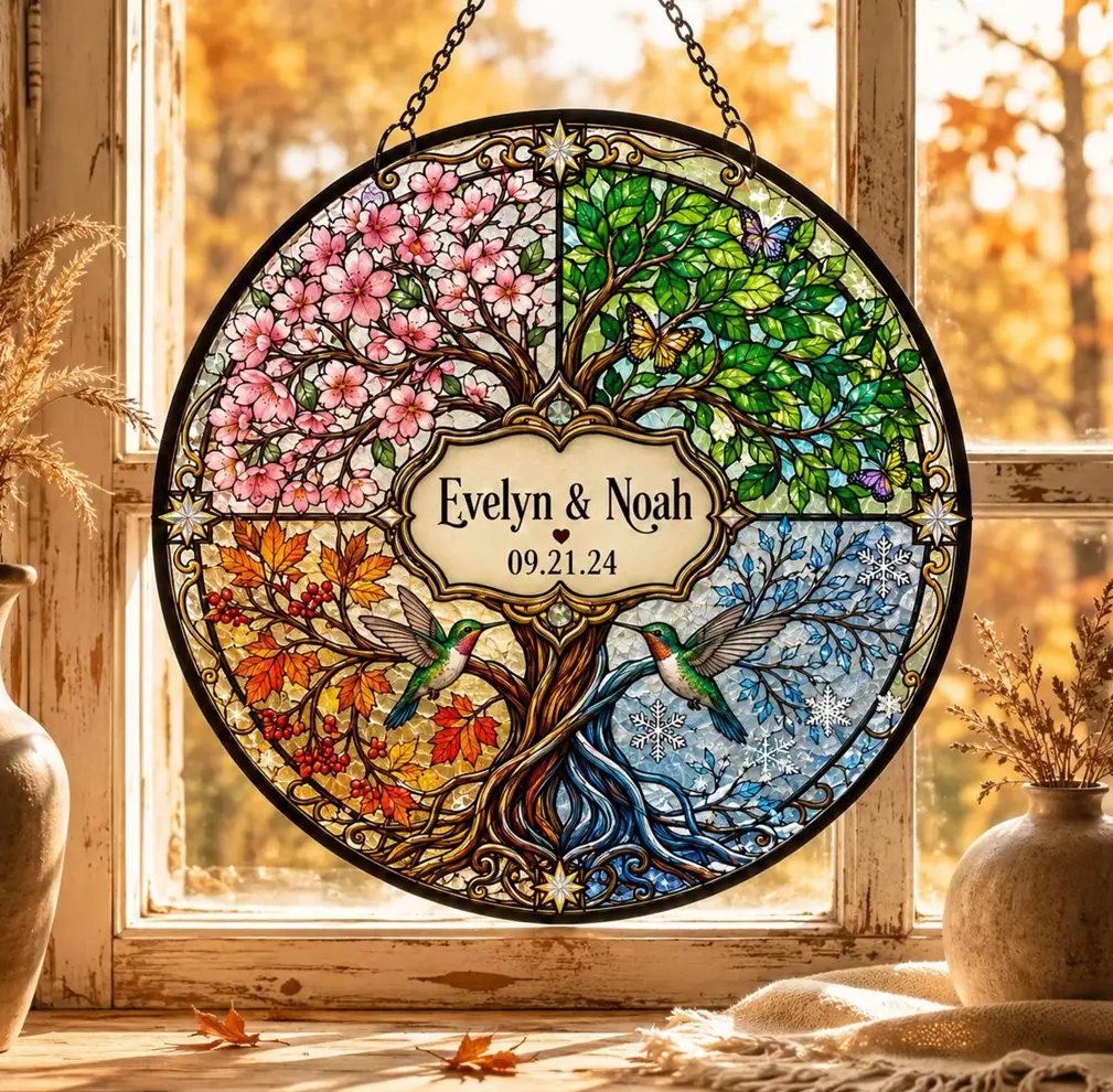 Personalized Four Seasons Tree Suncatcher, Custom Couple Name and Date Window Hanging, Hummingbird Stained Glass, Anniversary Gift