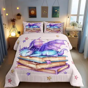 Feelyou Dragon Stars Bedding Set - Blue Purple Cartoon Theme Comforter, Dreamy Starry Sky & Dragon Wildlife Pattern Quilt, Bedroom Use, Lightweight Warmth, Multi-Size Comfortable Duvet Set