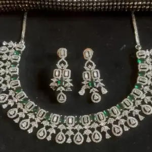 American Diamond with Semi Precious Green Emerald Stones Necklace Set