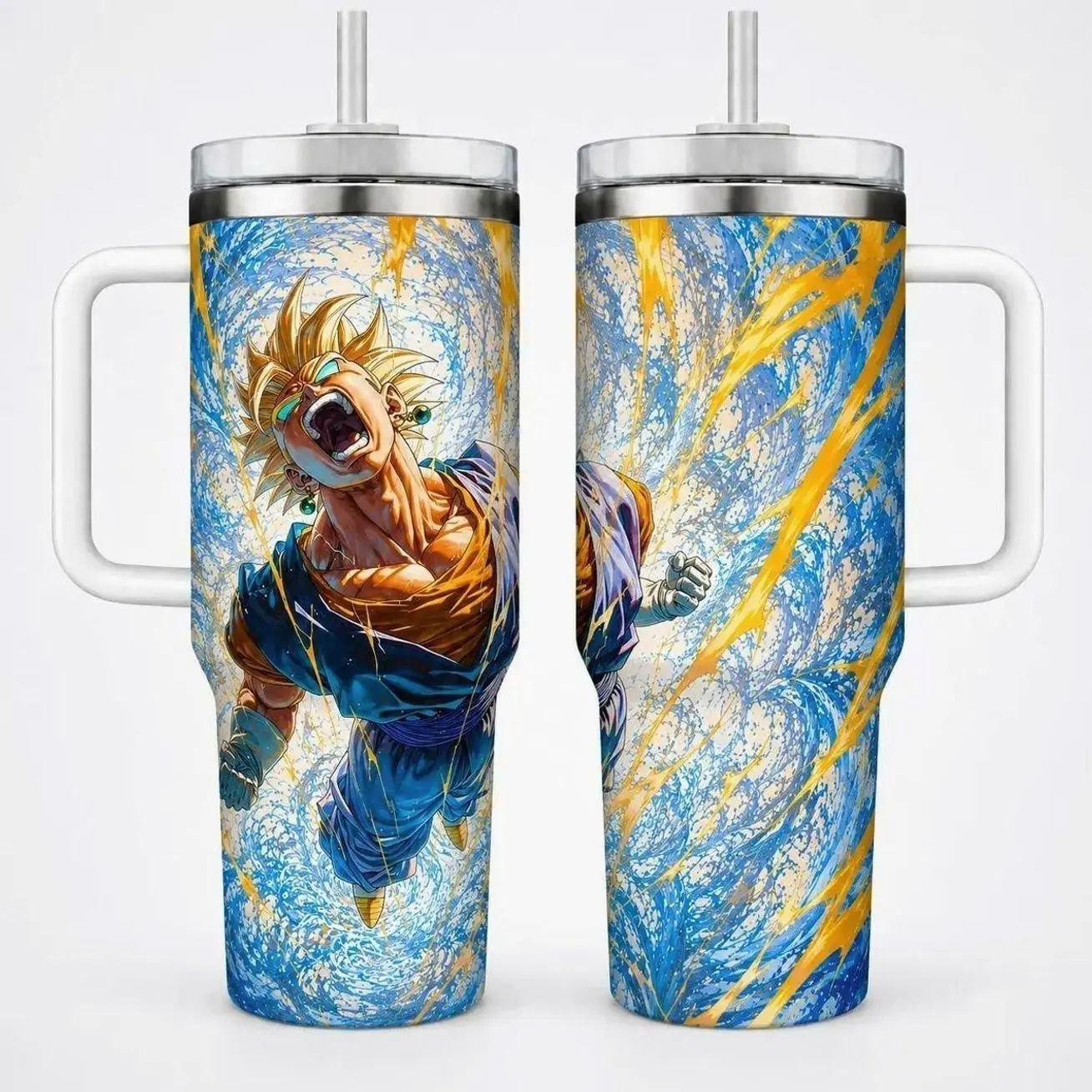 Golden Saiyan Anime Warrior 40oz Tumbler with Handle, Electric Power Manga Cup, Shonen Fighter Fan Gift
