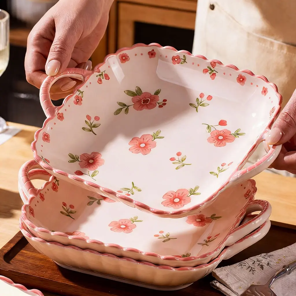 4 pieces of 9.25 double-sided ceramic tableware, Ceramic dinnerware set, Party Tableware Set, with peach blossom pattern and pink color scheme, double-sided handle heat-resistant, suitable for spring, parties, microwave and dishwasher safe