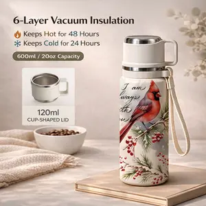 1 Pc 600ml Red Cardinal Bird Pine Berry Insulated Mug, 6-Layer Vacuum Insulation, Leak-Proof Design, Keeps Hot Drinks Warm For 48 Hours And Cold Drinks Cold For 24 Hours, 120ml Cup-Shaped Lid, Perfect Bird Lover Gift, Stylish Durable Thermal Cup For Daily