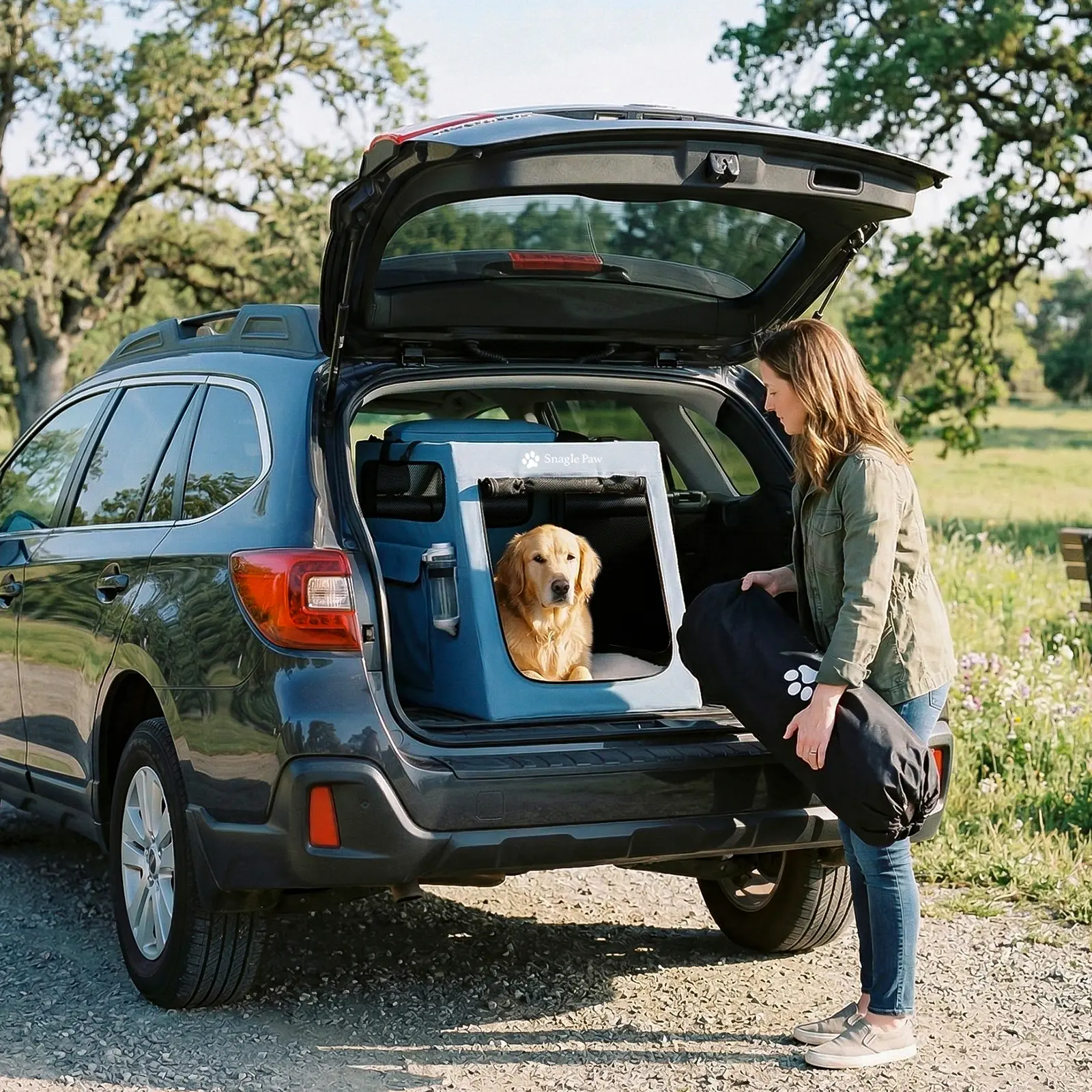 Snagle Paw Dog Car Crate for SUV Trunk - Rattle-Free Metal Dog Travel Kennel - Angled Pet Carrier for Large Medium Dogs - Foldable Car Dog Cage with Mat & Water Bottle - Fit for RAV4 Explorer Jeep