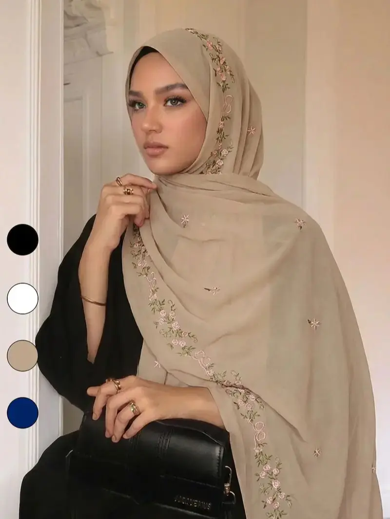 Women’s Chiffon Solid-Color Headscarf/Shawl, Breathable Floral Vine Embroidery Design, All-Seasons Accessory for Daily Commute, 1 Piece, Casual