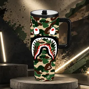1 Pc 40oz Green Camo Shark Mouth Insulated Mug, Streetwear Style Monster Face Print, Black Handle, Double Wall, Leak Proof Lid, Large Capacity Thermal Mug For Hot Cold Drinks, Keeps Hot 12 Hours Cold 24 Hours, Gift For Women Men Holiday