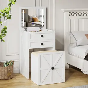 Miu Farmhouse 3 in 1 Vanity with Mirror, 3-Color Adjustable Lighting, Cushioned Stool for Bedroom Organization & Beauty Routines