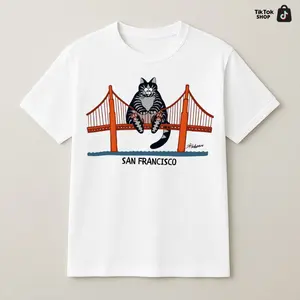 Cute Cat San Francisco T-Shirt Golden Gate Bridge Graphic Tee Funny Cat Lover Shirt Aesthetic City Tee Casual Streetwear Gift Idea Unise