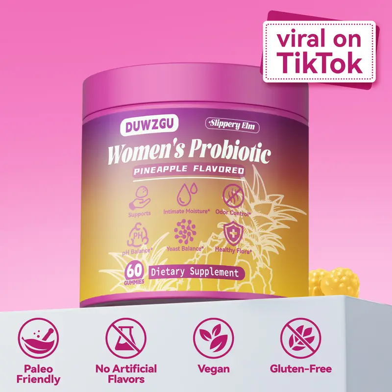 Probiotic Gummy for Women with Slippery Elm and Prebiotic Probiotic Blend - Pineapple Flavor - pH Balance Dryness Relief, Healthcare Dietary Supplement