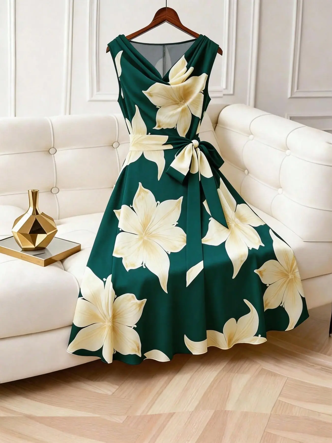 Plus Size Summer Vacation Floral Dress, Vintage Large Flower Print, Deep V Neck, Sleeveless, Butterfly Knot Waist, Midi Dress, Flowy, Elegant Style, Bohemian Dresses, Party/beach/photoshoot