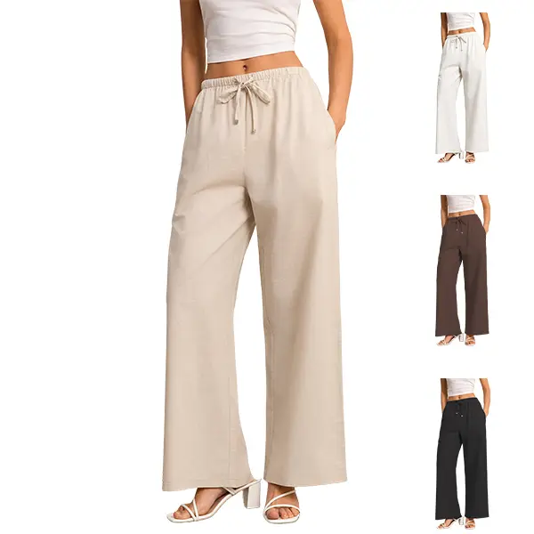 Women's Comfy Pants in Linen Cotton Blend, Casual High Waisted Wide Leg Bottom with Drawstring for Summer, High Waisted Pants, Basic, Chic Curve Pants, Xs