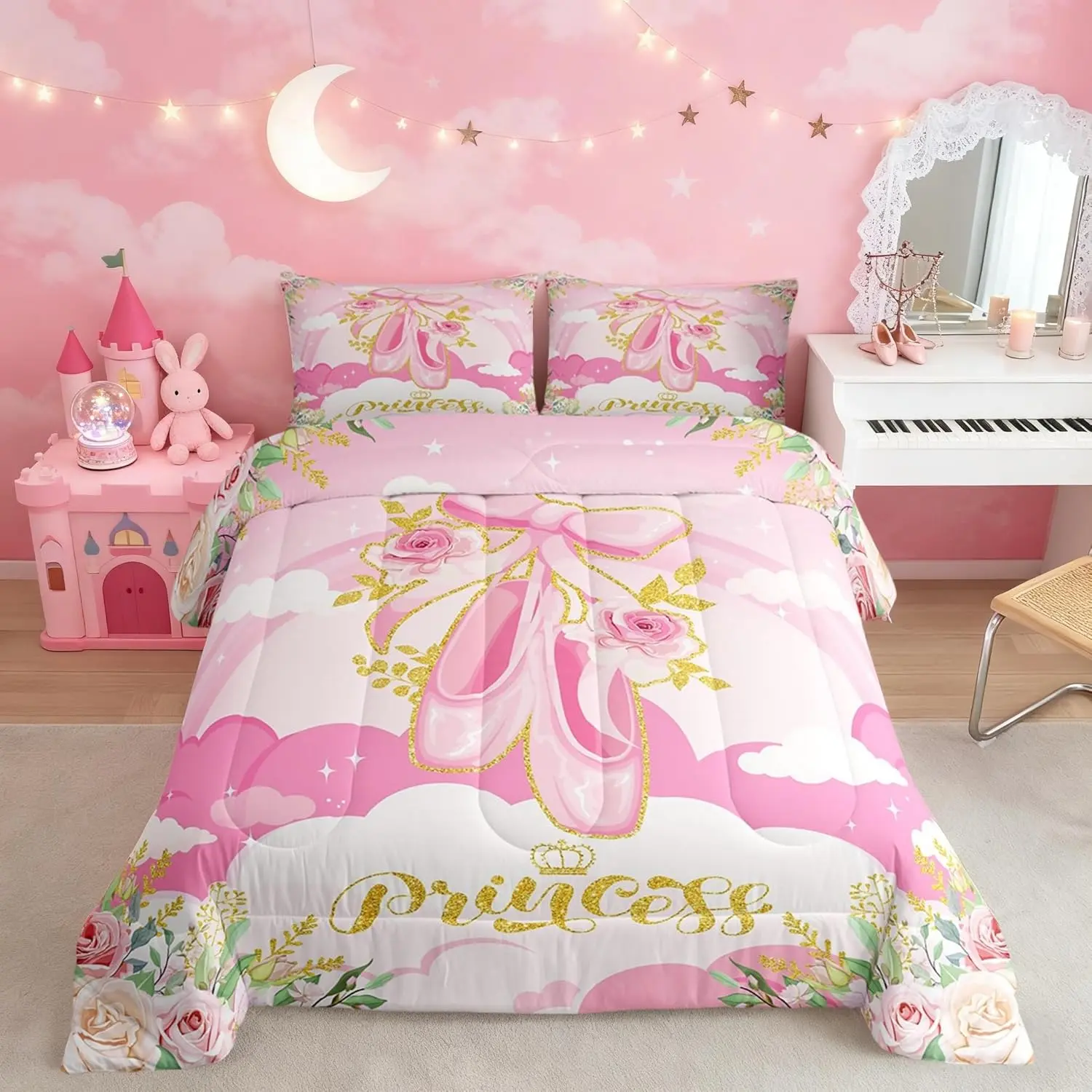 Ballet Shoes Bedding Set Women,Pink Ballet Princess Comforter Set Bed Set Bedroom Decor,Dreamy Bowknot Quilt Set,Pink Fairy Tale Duvet Insert,1