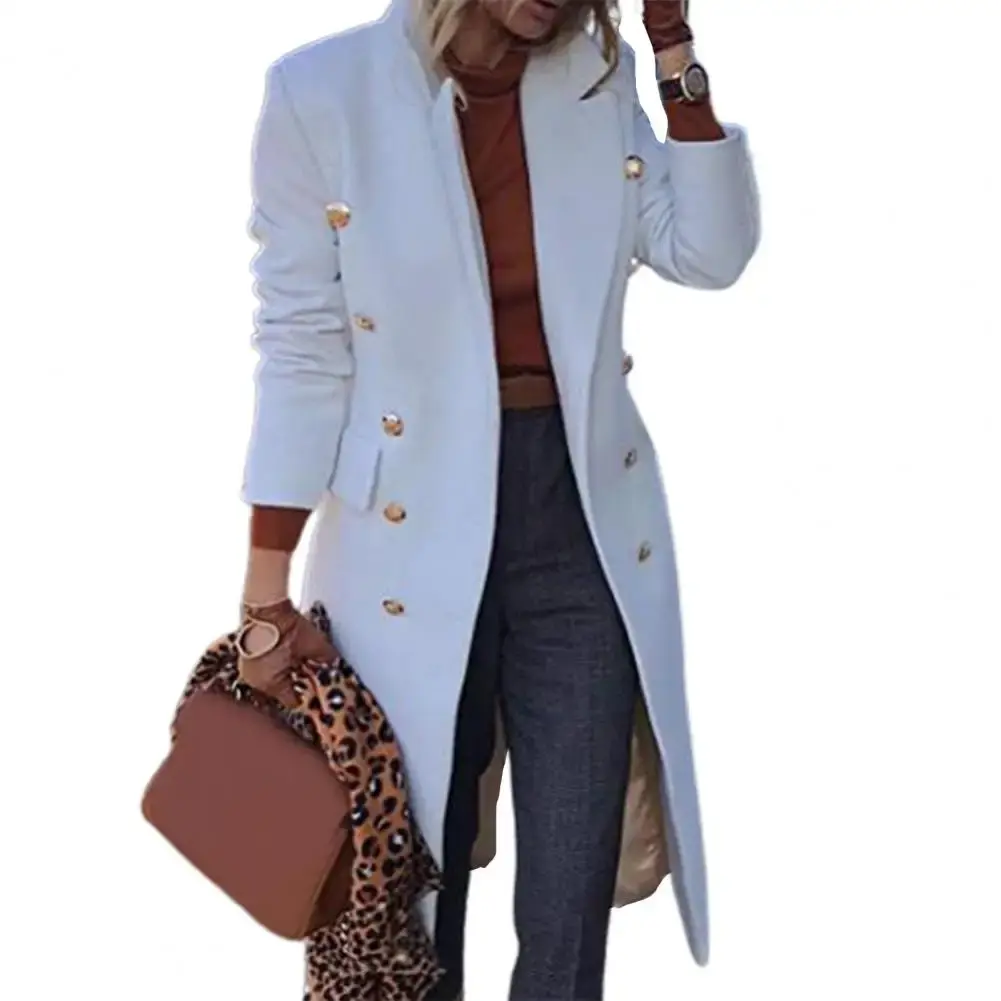 Elegant Winter Women Jackets Lapel Wool Coats Solid Double Breasted Ladies Knee Length Blends SANWOOD
