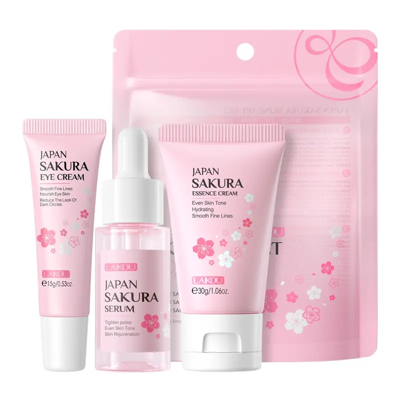 Sakura Facial Skincare Kit, 1 Count Moisturizing Sakura Essence & 1 Count Brightening Sakura Eye Cream & 1 Count Soothing Sakura Face Cream, Hydrating Skincare Kit for Women, Serum