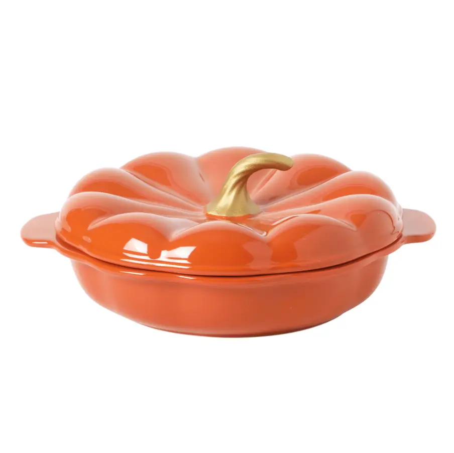 10-Inch Orange Stoneware Pumpkin Pie Baking Dish with Lid, Oven to Table