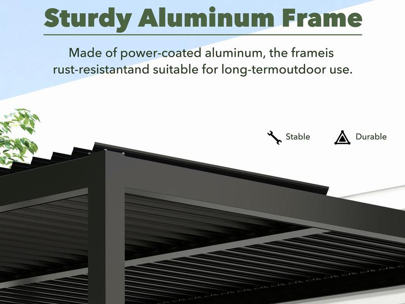 13' x 10' Aluminum Pergola with Adjustable Louvered Roof & Rainproof Drainage System Dark Grey Durable Wind-Resistant for Patio Deck & Garden Includes Waterproof Curtains & Nets