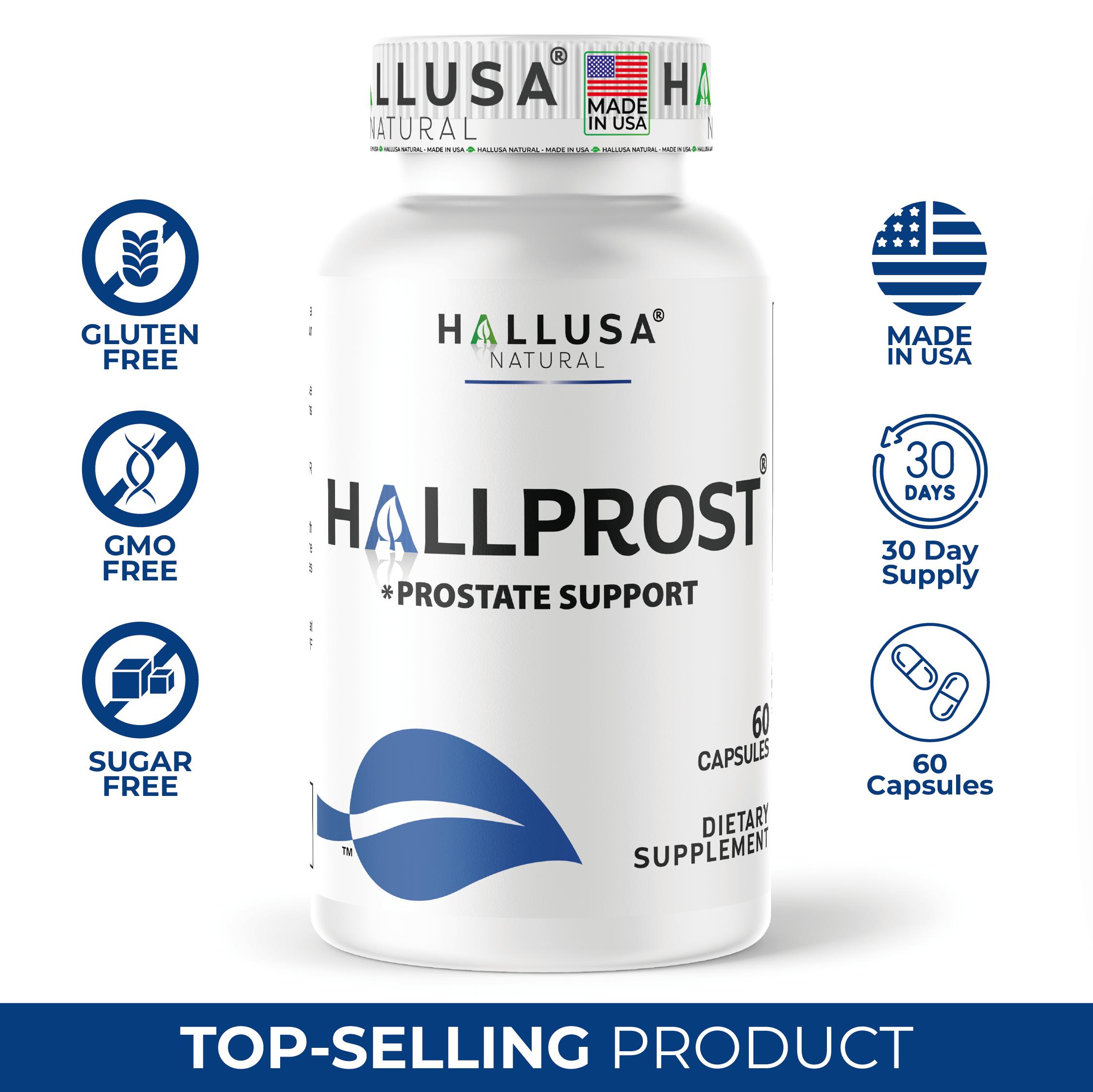 HALLUSA NATURAL Hallprost Prostate Dietary Supplements (60 Capsules) with Saw Palmetto, Pygeum Africanum, Pumpkin Seed, Zinc, Vitamin E, Magnesium for Nocturia Relief & Men's Health - Fitness