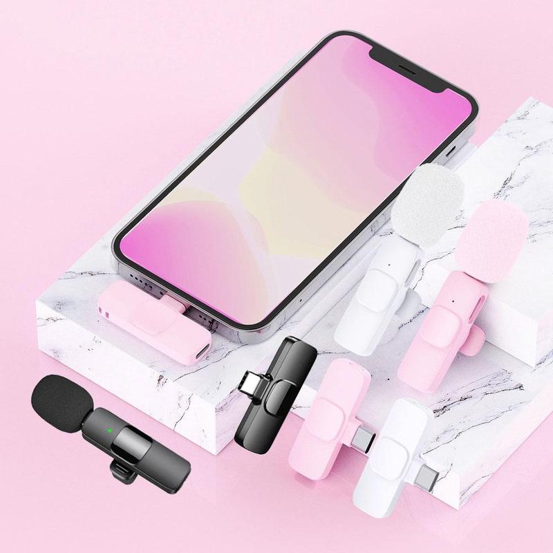 Plug-and-Play Wireless Lapel Microphone with Noise Reduction, Pink Dual Mic for iPhone & Android