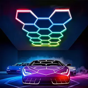 57Pack RGB Hexagon led Garage Lights,RGB 14 Hexagon Light with Multi Color,Dimmable&Speed Adjustable RGB Hex Wall Lights,DIY Design for Remote Control & Smart App Control Music Modes