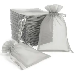 100 Pack Silver Organza Gift Bags with Drawstring, 6" x 9" – Wedding Party Favor Bags