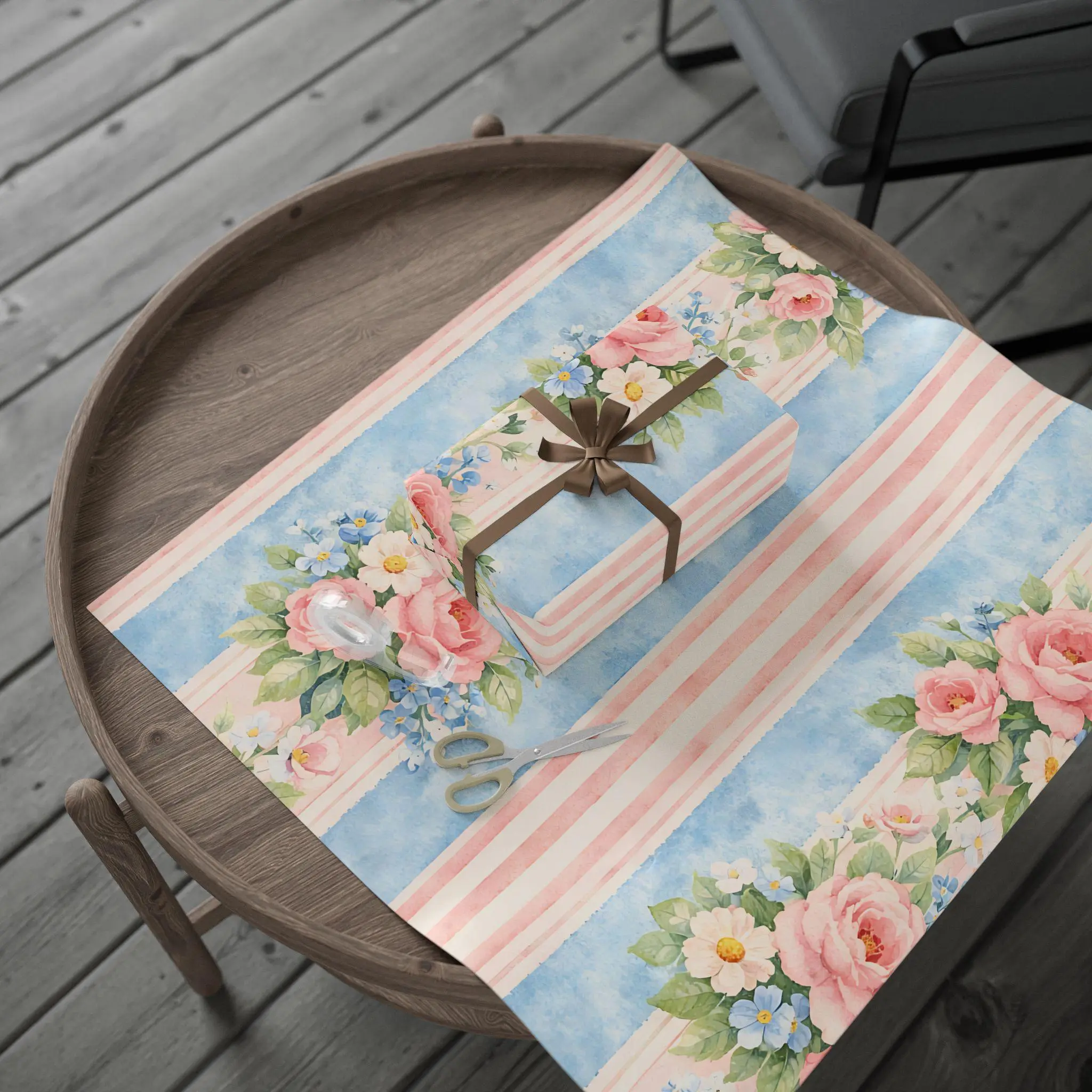 Pastel Floral Stripe Wrapping Paper Rose Bouquet Gift Wrap Roll Birthday Anniversary Baby Shower Weddings Gifting Easter Paper Mothers Day Vintage Wrapping Paper