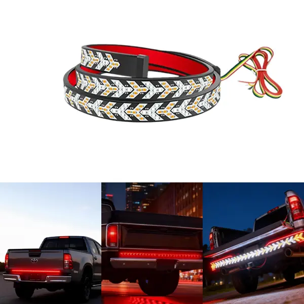 59-Inch Fishbone Shaped LED Tailgate Light Strip, Automotive & Motorcycle Car Decorative Lights, Strobe Brake Switchback Red Amber Yellow Running Sequential Turn Signal Lighting Bar for Pickup Truck SUV RV Ambient Lighting Car Light Embellishments