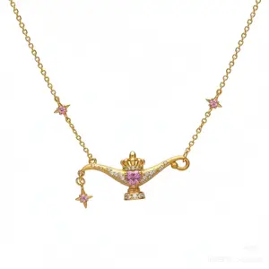 Aladdin Genie Lamp Wish Necklace - Gold Plated Zirconia Diamond Pendant