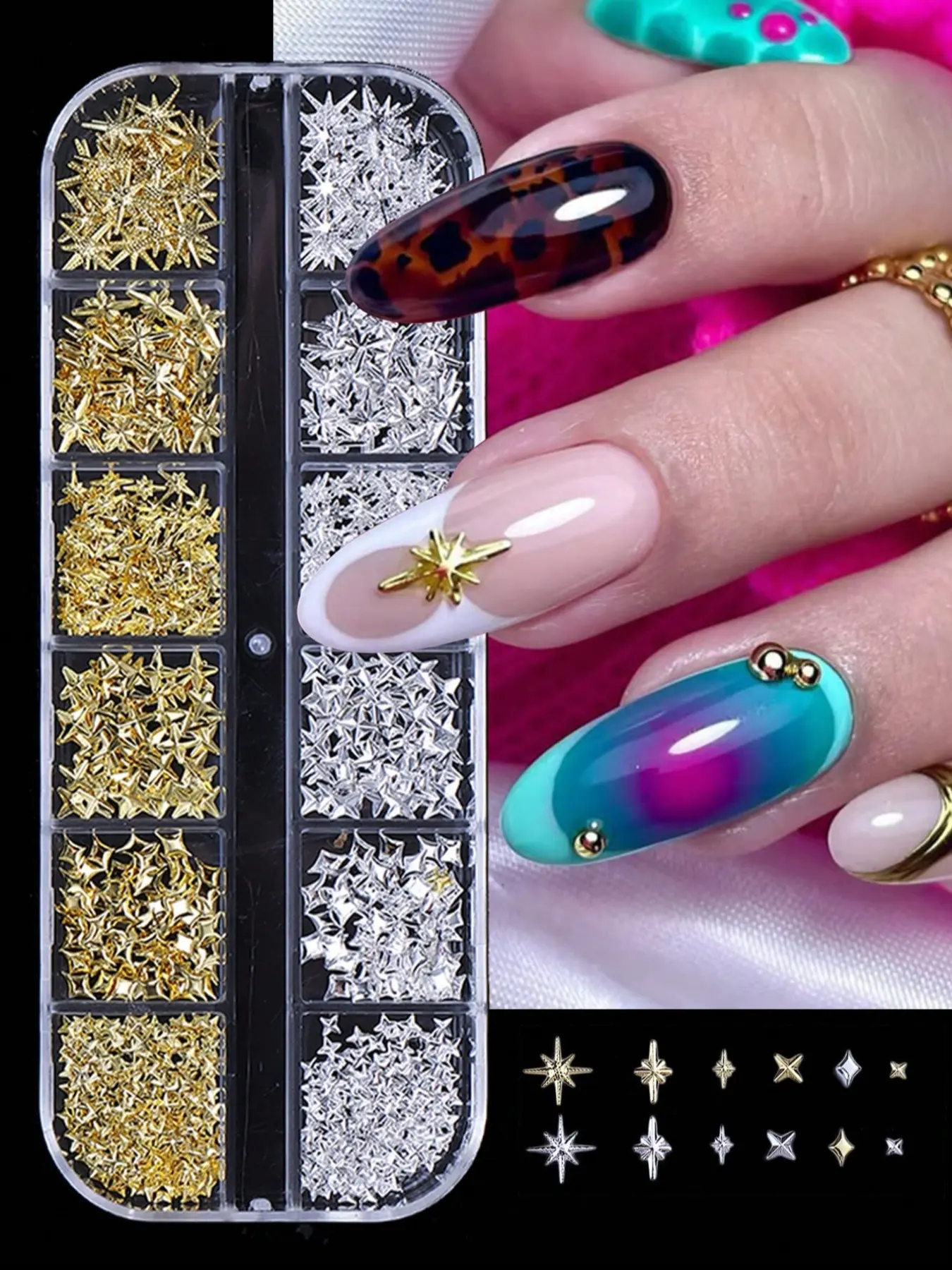 Y2K Style Nail Rivet Studs, 12 Grid Mixed Colors, & Silver Color Star Light Nail Art Charms, DIY Manicure Accessories