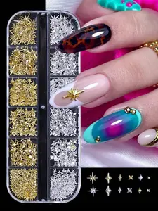 Y2K Style Nail Rivet Studs, 12 Grid Mixed Colors, & Silver Color Star Light Nail Art Charms, DIY Manicure Accessories