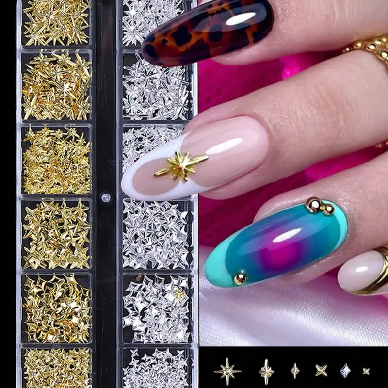 Y2K Style Nail Rivet Studs, 12 Grid Mixed Colors, & Silver Color Star Light Nail Art Charms, DIY Manicure Accessories