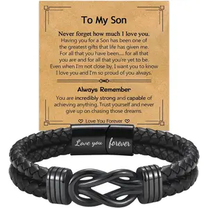 Gifts for Men Boys- Black Braided Leather Infinity Knot Bracelets for Son Grandson Nephew Brother Dad Husband, Jewelry Gifts for Christmas Birthday Graduation Anniversary Valentine's Day