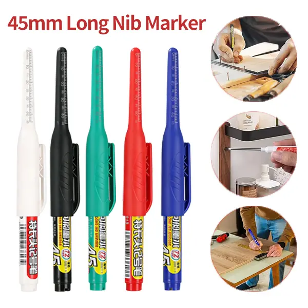 Long Nib Marker, 45 mm Long Head Deep Hole Marker Pens, Fine Nose Tip Deep Reach Permanent Paint Markers for Kitchen Organization, Marking Pen for Drilling, Carpenter, Woodworking, Construction