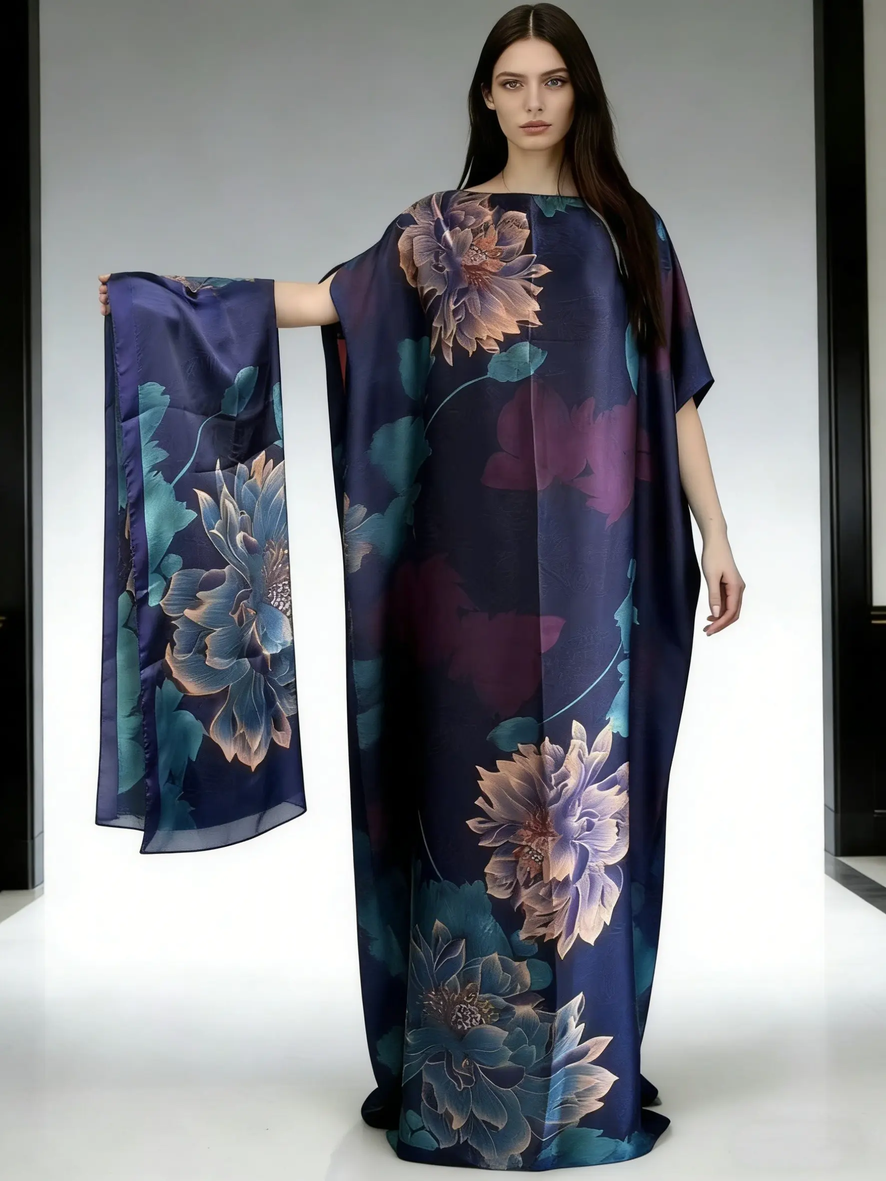 1 Dress+1 Scarf，Luxury Satin Floral Print Kaftan Dress with Matching Scarf, Boho Maxi Caftan for Women, Modest Style, Beach Cover Up, Oversized Resort Wear Robe, Dubai Style Abaya, Plus Size Summer Holiday Outfit, Gift for Her