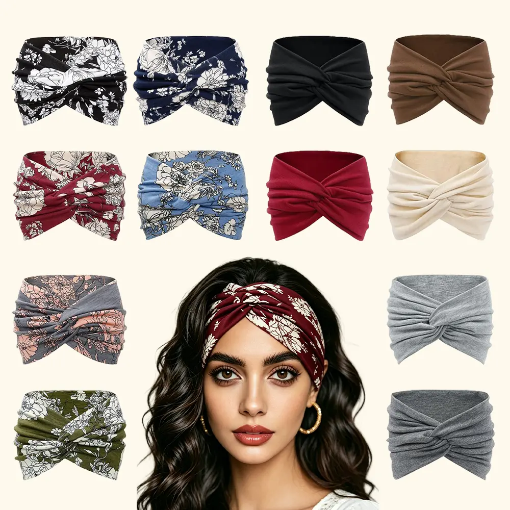 CUBIDUPI Women's 12-Pack Boho Wide Bandana Headbands, Paisley Stretch Hair Wraps for Yoga, Workout & Daily Wear, Headbands For Women, Bandana Head Wrap