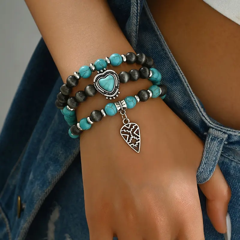 3pcs Boho Turquoise Bead Bracelets Chic Heart Pendant - Black & White, Golden Accents Vintage Women Handmade Beads Chain Bracelets Party Vacation Beach Bracelet Jewelry