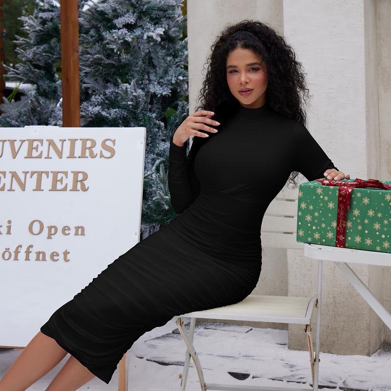 OYS Women's Cocktail Bodycon Long Sleeve Mock Neck Mesh Ruched Midi Party Dress Formal Womenswear