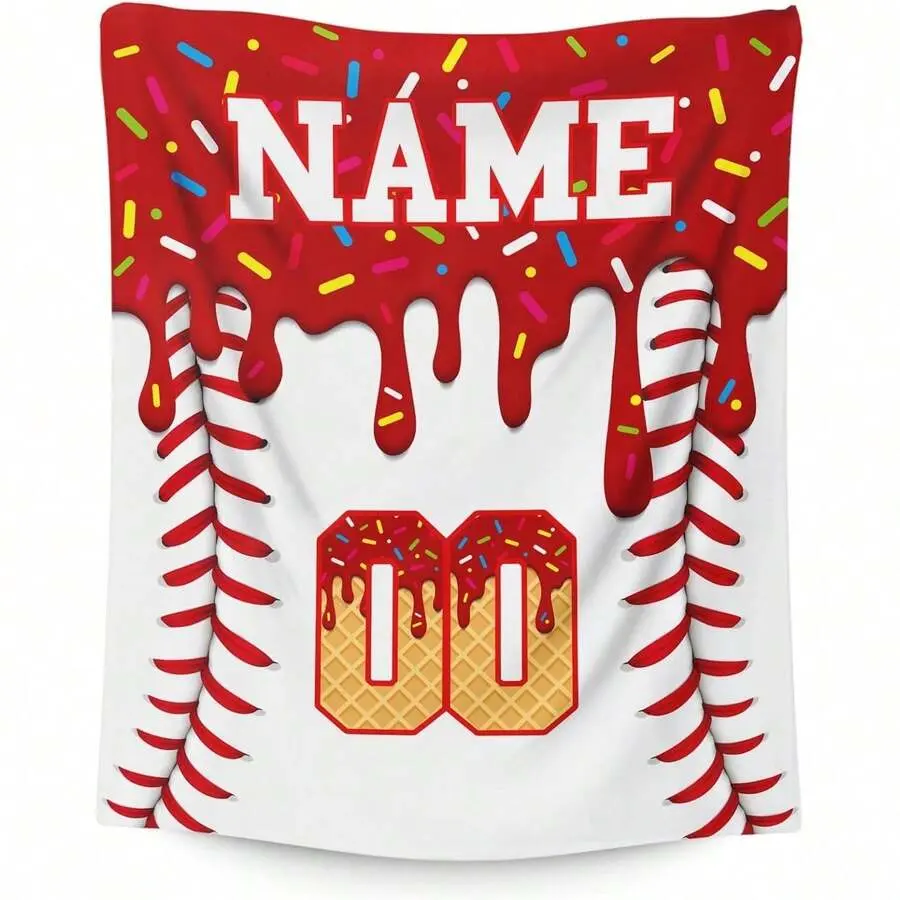 Custom Ice Cream Drip Sprinkle Baseball Flannel Throw Blanket for Boys Girls, Personalized Custom Name Number Gifts for Baseball Players & Sports Lovers, Cozy Soft All Season  Blanket, Ideal Birthday Christmas Holiday Present for Kids Teens Young Athletes