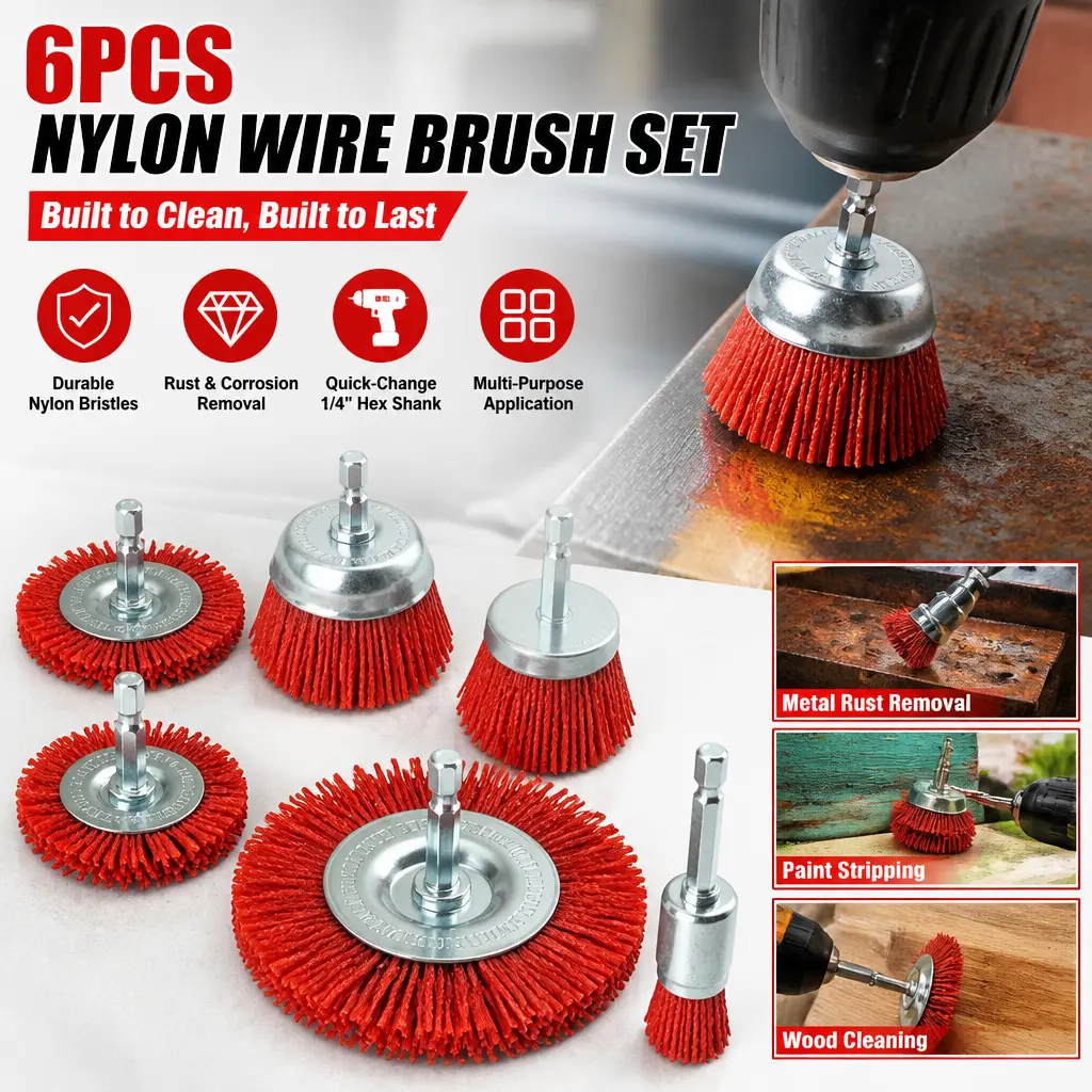6pcs Nylon Wire Drill Brush Set - 1/4" Hex Shank, 6 Sizes Wheel & Cup, Rust Removal Cleaner, Ceramic Chemical-Resistant No Shedding Multi-Surface Kitchen Tool (Mid-Year Sale Restock)