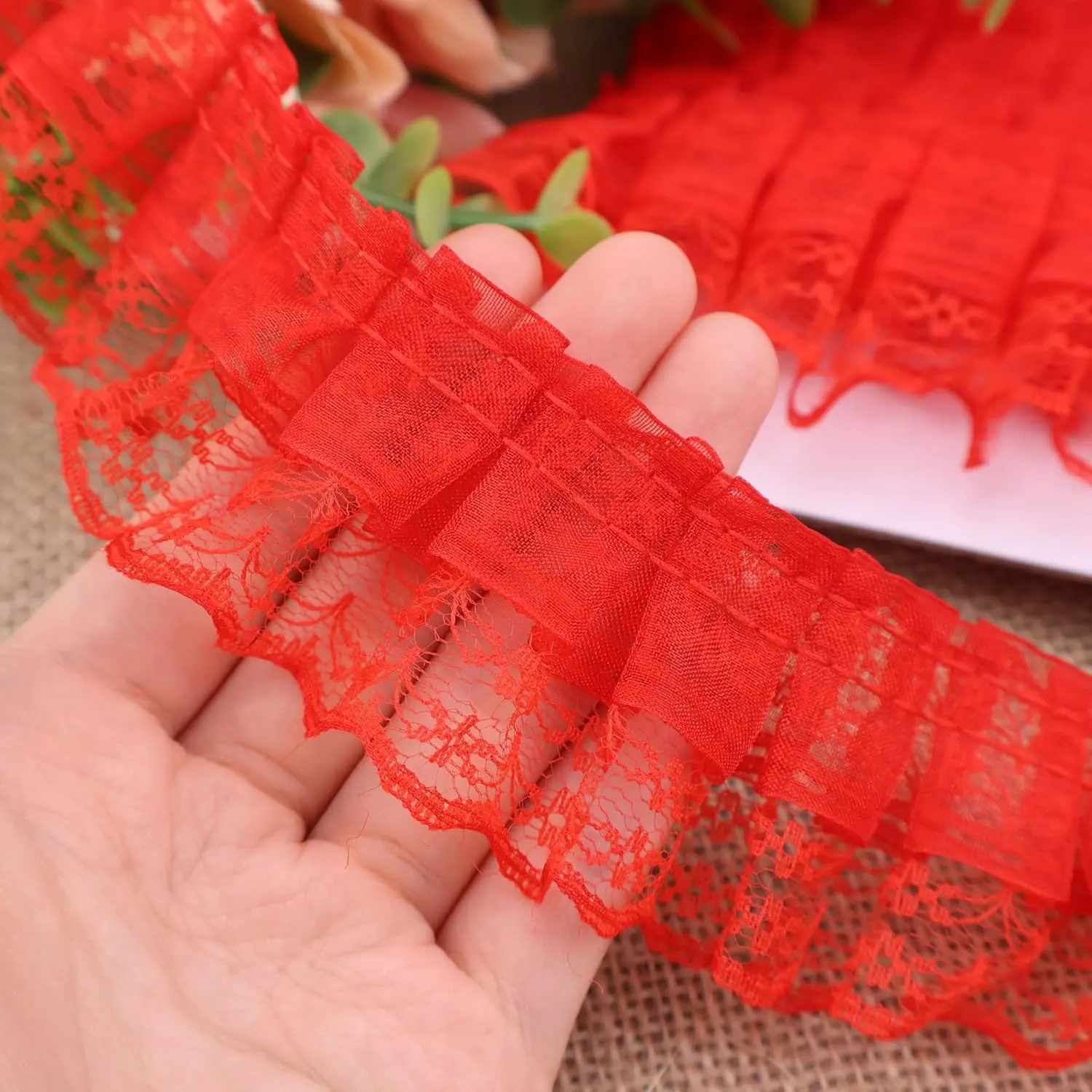 Red Lace Ruffle Trim for Crafts 1-5/8"x5yd 2-Layer Pleated Edge Lace Ribbon