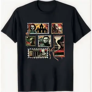 Retro 2025 Cotton T-shirt Horror Characters Halloween Friends Shirt Spooky Season