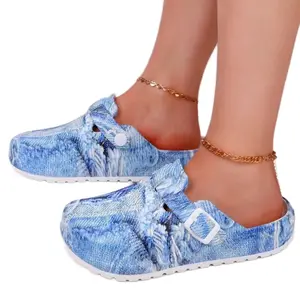 Women’s Denim Print EVA Mules - Ultra-Comfortable Slip-On Round Toe Clogs for Daily Wear - Walking Shoes, Footwear Women Tactical Design Girl Flat