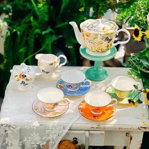 Aynsley Cottage Garden Swirl Complete Fine Bone China Tea Set, Colorful Luxury British Floral Kitchenware, Elegant Home Decor, Ideal Gift for Tea Lovers, Fine China