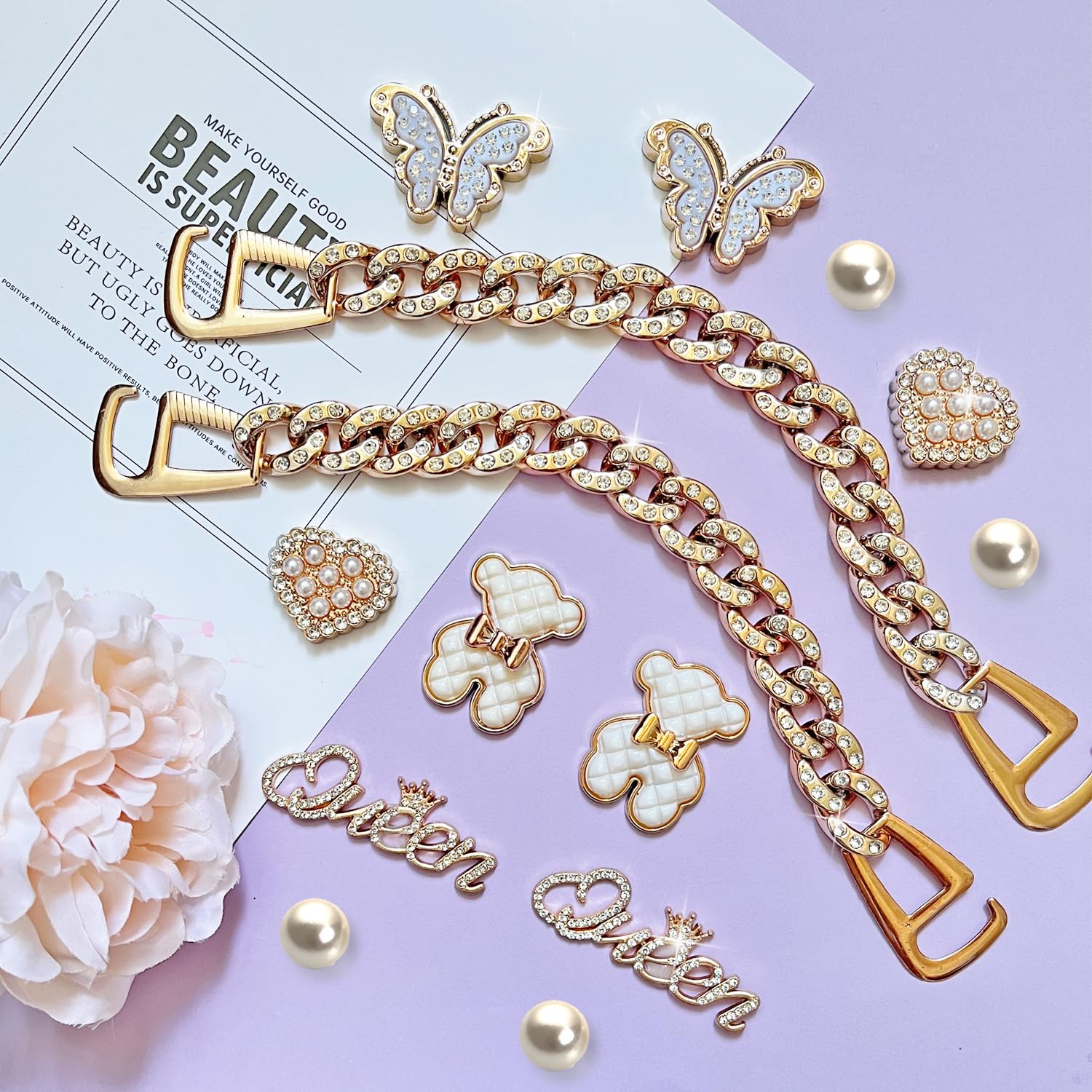 Bling Shoe Charms for Women,Girly Golden Chains for Clog Sandals,Rhinestones Bling Chain Charms Cute Designer DIY Shoe Accessories Decoration Jewels Party Favors