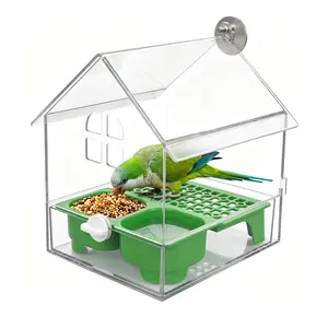 Pull-Out External Parrot Feeder, No-Mess Clear Bird Bath Tub & Food Box with 2 Compartments, Transparent Hanging Bird Cage Feeder for Budgies, Lovebirds, Canaries, Green