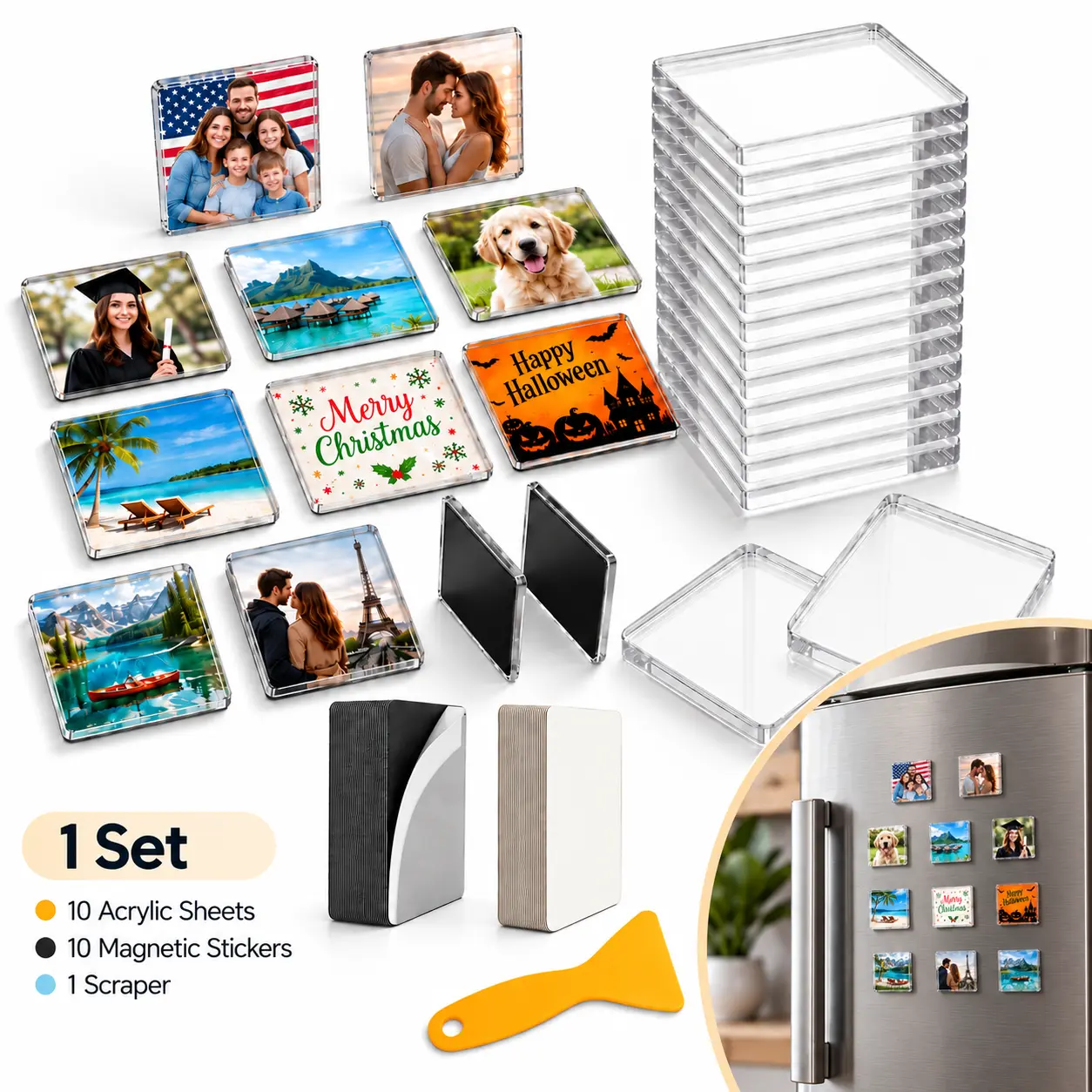 DIY Acrylic Refrigerator Photo Magnets, 10-Pack Custom Picture Fridge Magnet Kit with Magnetic Stickers & Plastic Scraper, Personalized Family Crafts, Kitchen Decor, Christmas Gifts