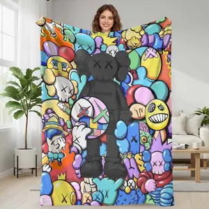 KAWS Colorful Cartoon Character Flannel Blanket with Vibrant Pop Art Print Soft Cozy Warm Decorative Throw Perfect for Sofa Bedroom Living Room Office Lounge Gift