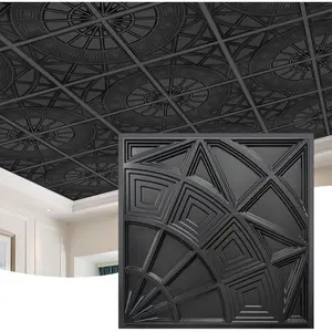 3D Ceiling Tiles 24"x24", Geometric Textured PVC Panels, Waterproof & Recyclable Drop or Glue-Up Decorative Ceiling Tiles for Home & Use (Pack of 12, Black)