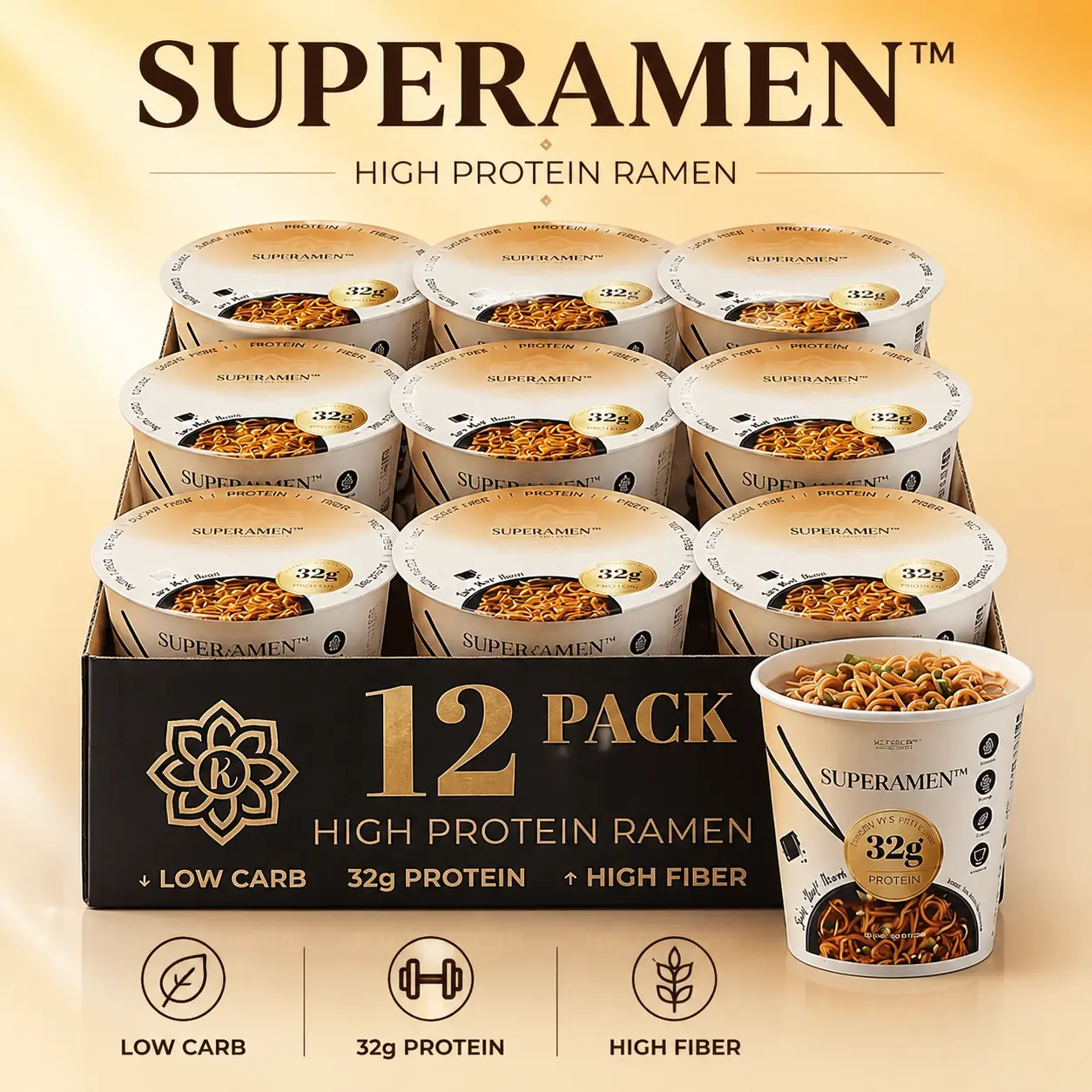 Superamen Spicy "Beef" Ramen, 100% Plant Based, Keto Friendly, Low Carb, High Protein, Packaged Noodle Meal Kit (12 Pack)