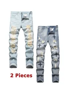 2 Pieces Jeans For Men Light Blue And Blue Streetwear Slim Fit Casual Hip Hop Ripped Mid Waist Trousers Straight-leg Classic Denim Pants