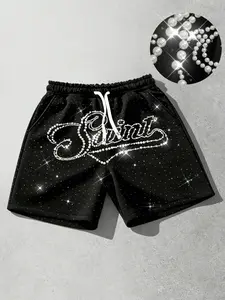 Three dimensional white nail bead shorts, fashionable unisex rhinestone shorts, men's summer casual fashion shorts, beach shorts, European and American street fashion brand hot stamping shorts, sail slogan shorts
